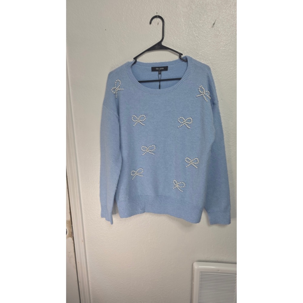 Chloe + Jasmine Bow Pearl Sweater Womens L Cerulean Blue New With Tags
